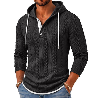 Cable Panel Button-Neck Hoodie