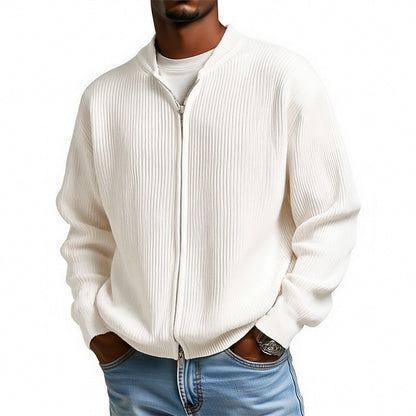 Ribbed Stand-Collar Zip Cardigan