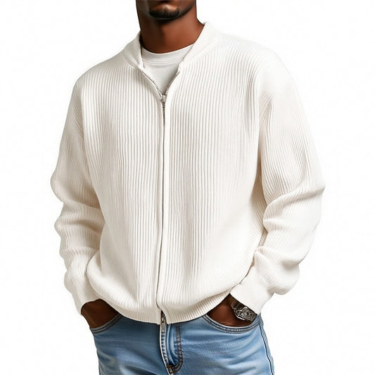 Ribbed Stand-Collar Zip Cardigan