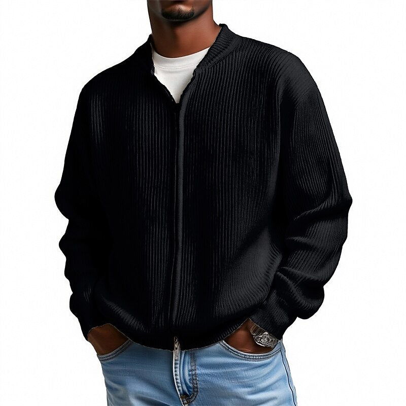 Ribbed Stand-Collar Zip Cardigan
