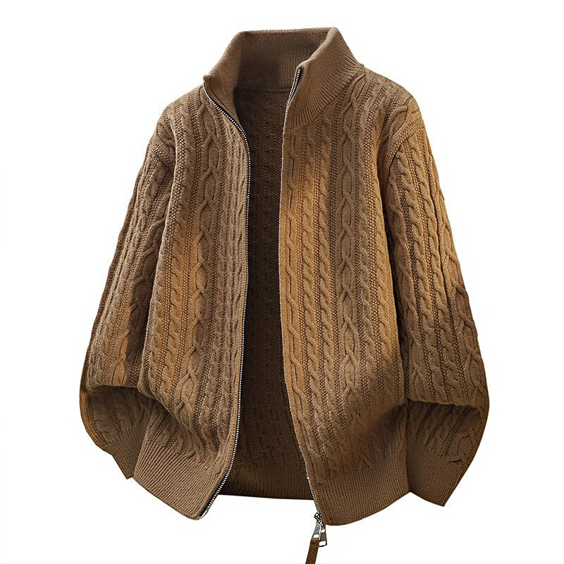 Braided Cable Stand-Collar Zip Cardigan