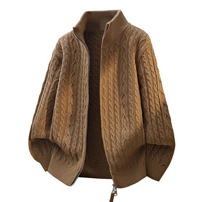 Braided Cable Stand-Collar Zip Cardigan