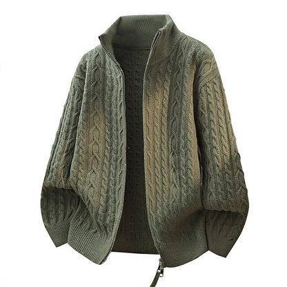 Braided Cable Stand-Collar Zip Cardigan