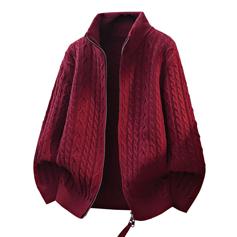 Braided Cable Stand-Collar Zip Cardigan