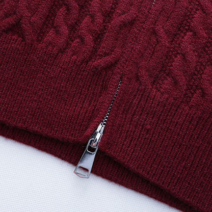 Braided Cable Stand-Collar Zip Cardigan