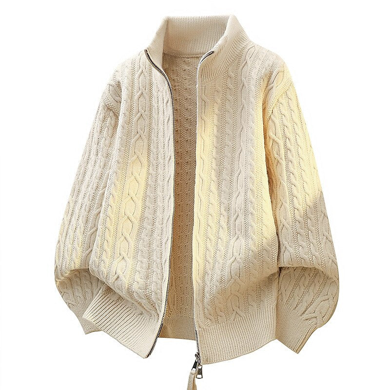 Braided Cable Stand-Collar Zip Cardigan