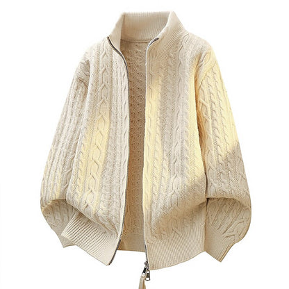 Braided Cable Stand-Collar Zip Cardigan