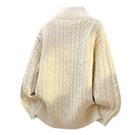 Braided Cable Stand-Collar Zip Cardigan