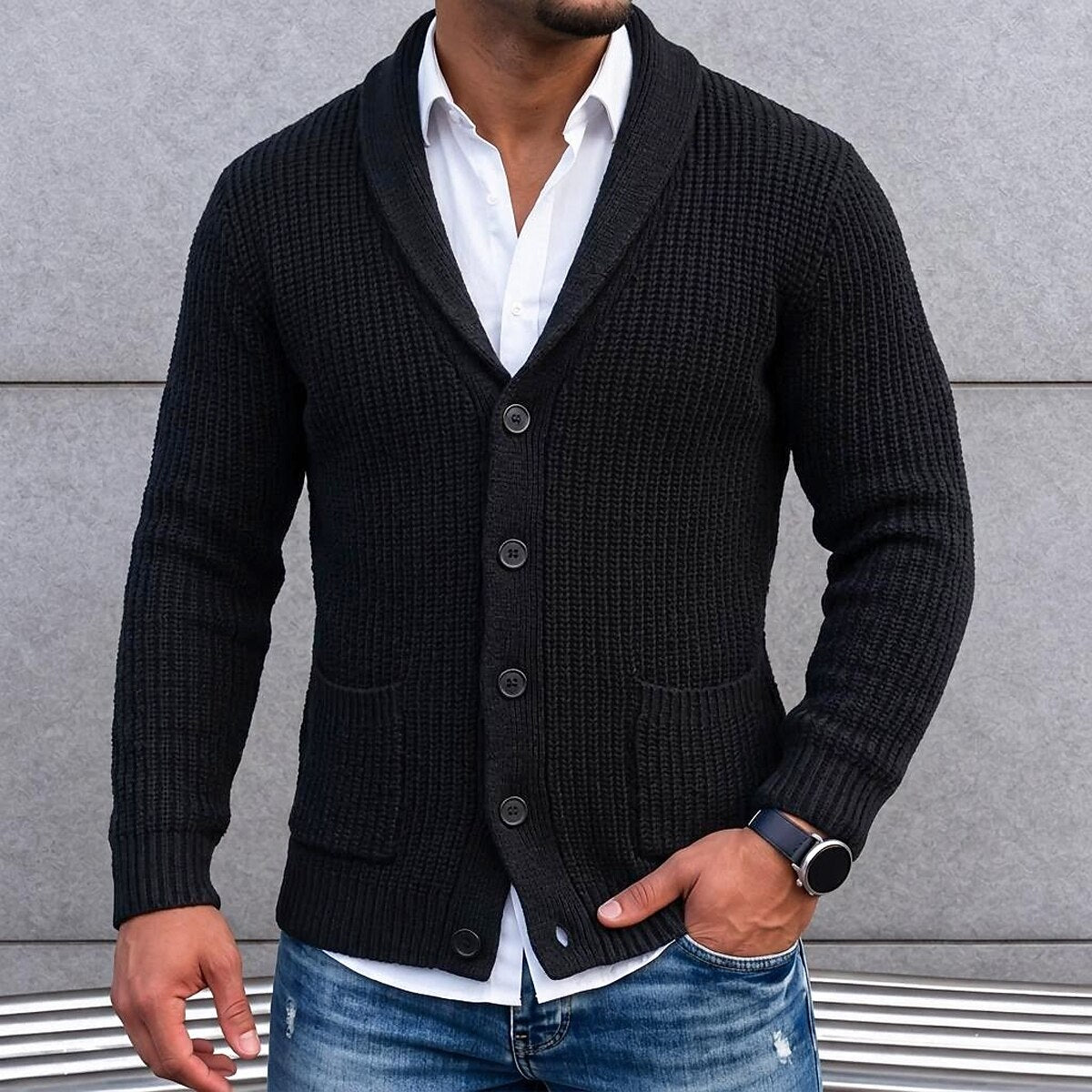 Ribbed Shawl Pocket Cardigan