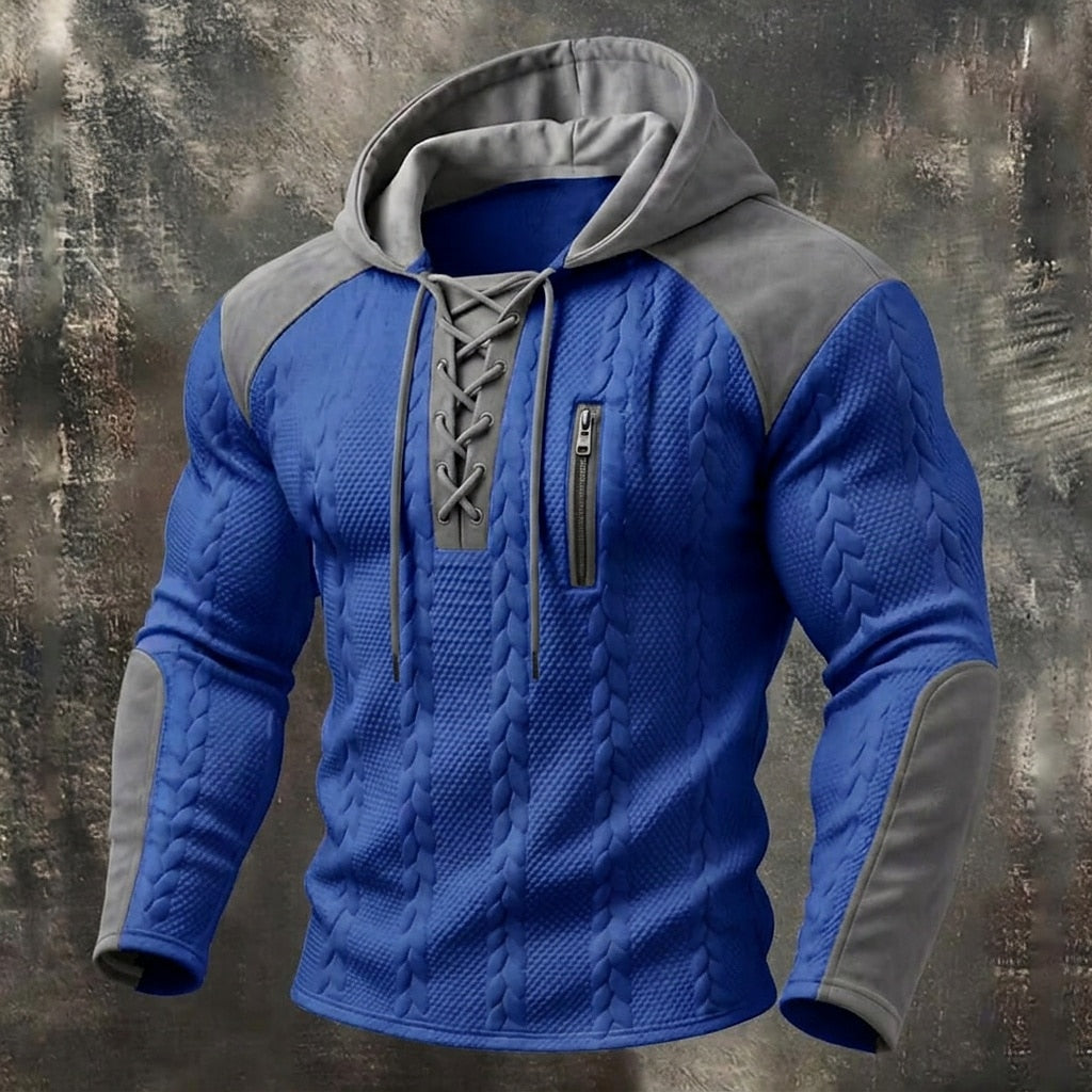 Contrast Panel Cable Lace-Up Hoodie