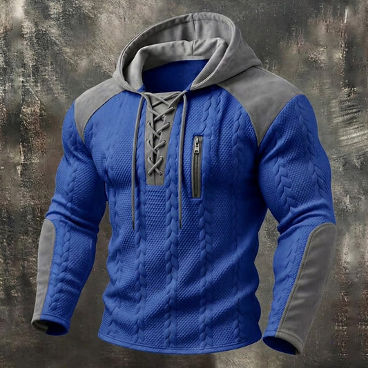 Contrast Panel Cable Lace-Up Hoodie