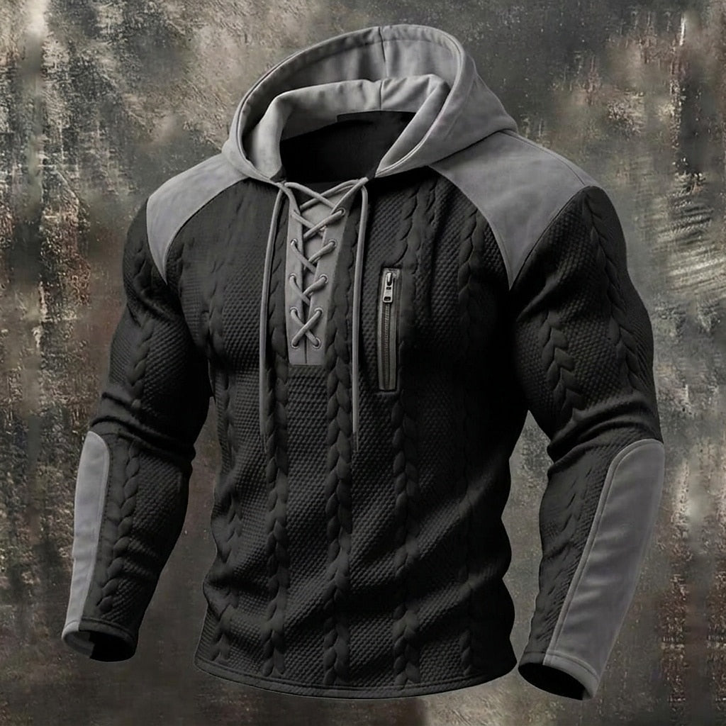 Contrast Panel Cable Lace-Up Hoodie