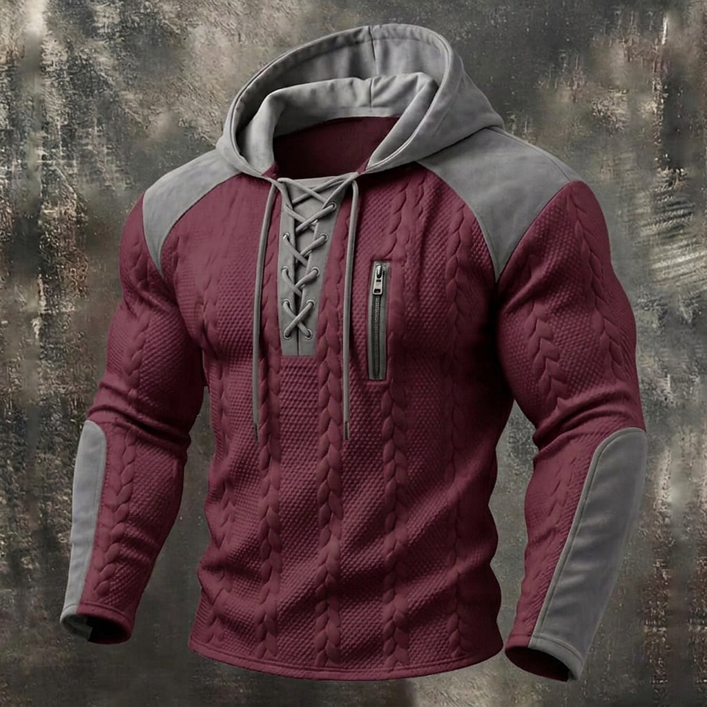 Contrast Panel Cable Lace-Up Hoodie