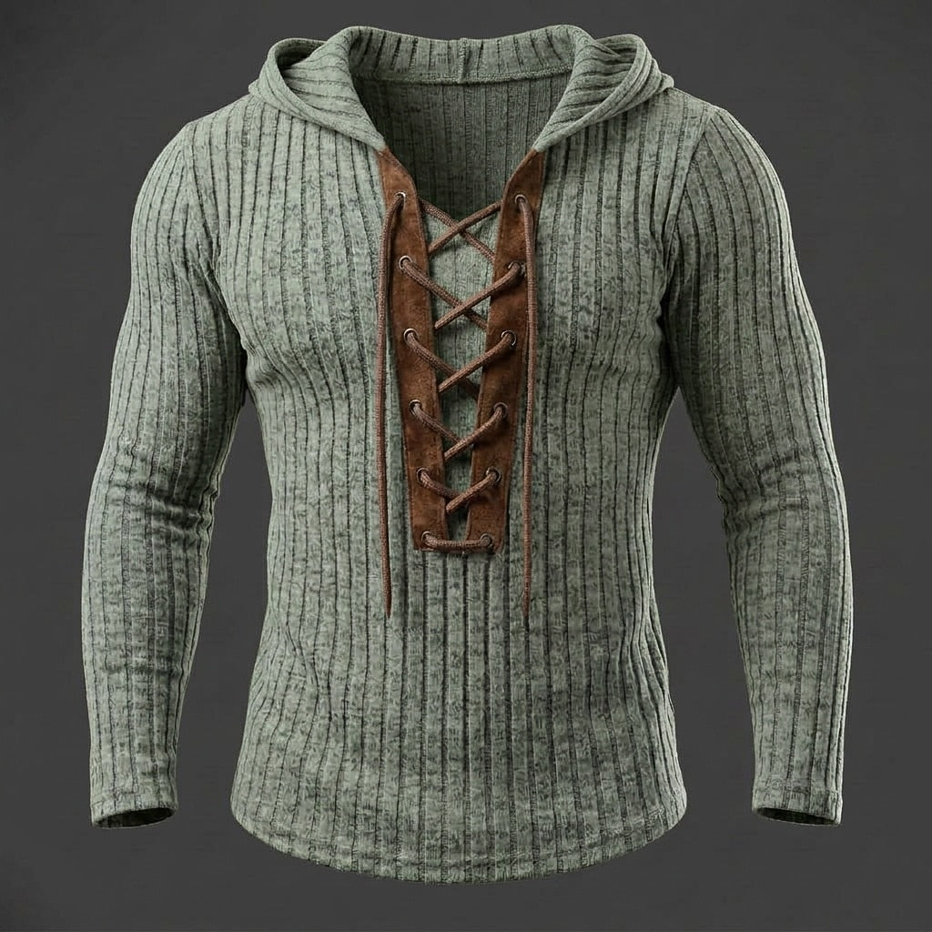 Contrast Placket Ribbed Lace-Up Hoodie
