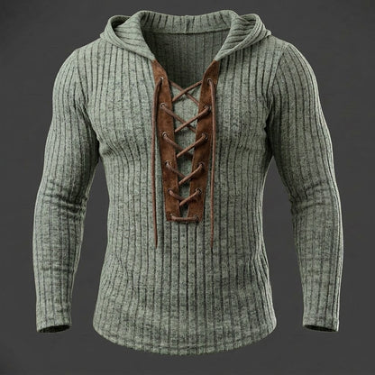 Contrast Placket Ribbed Lace-Up Hoodie