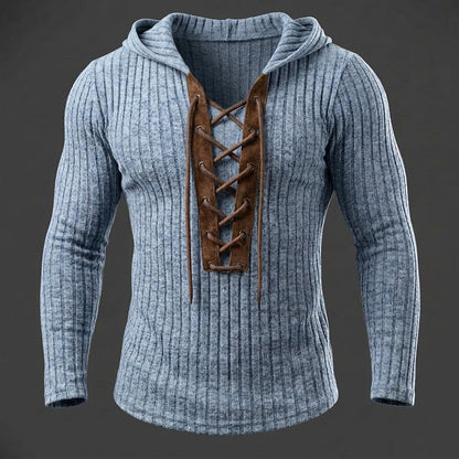 Contrast Placket Ribbed Lace-Up Hoodie