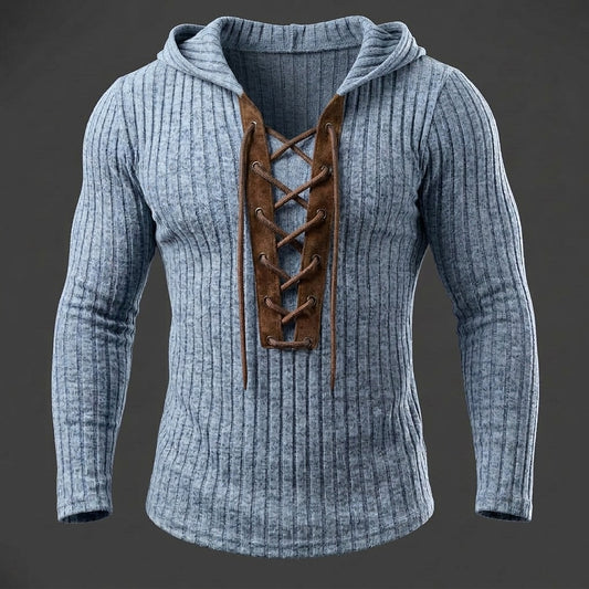Contrast Placket Ribbed Lace-Up Hoodie