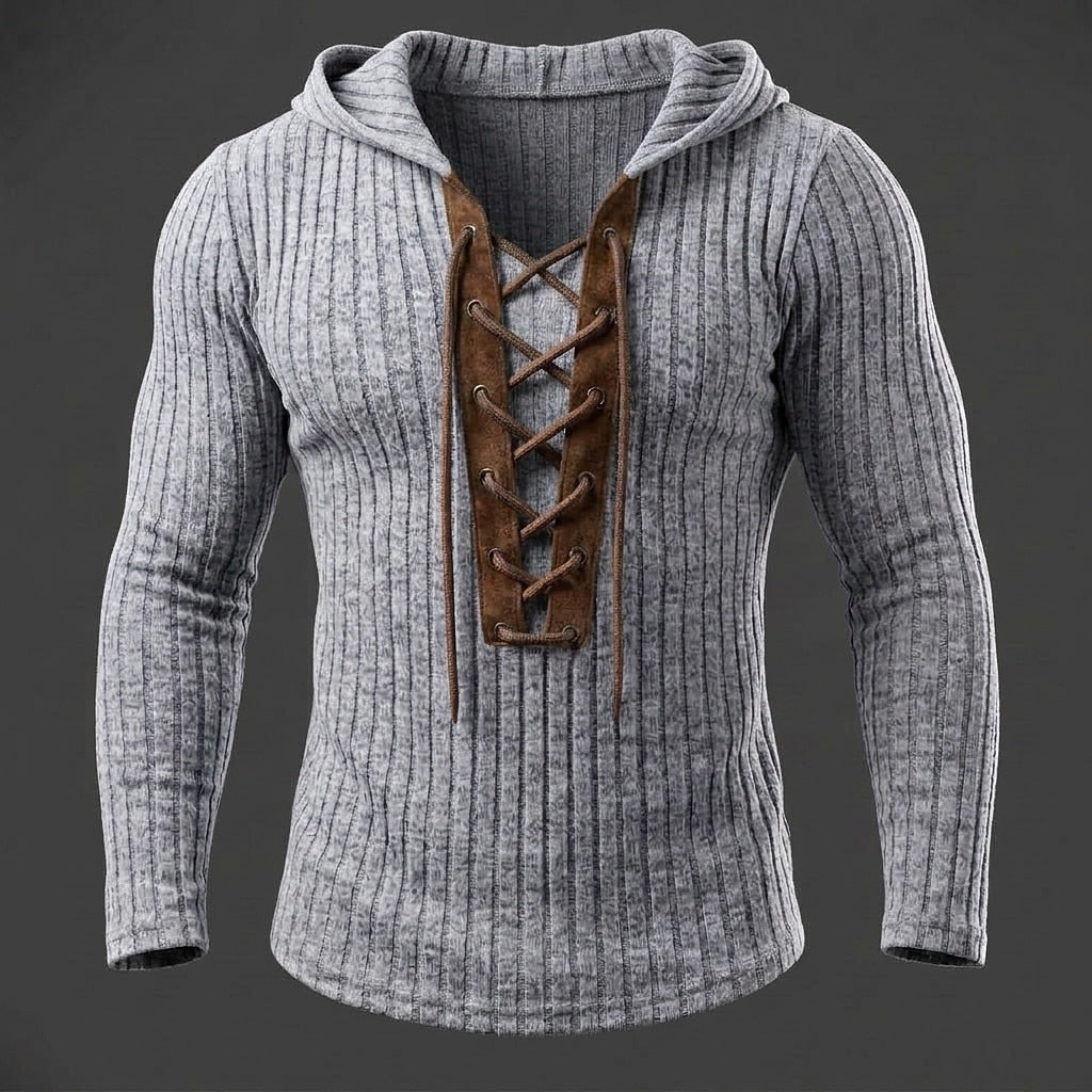 Contrast Placket Ribbed Lace-Up Hoodie
