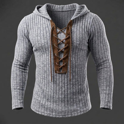 Contrast Placket Ribbed Lace-Up Hoodie