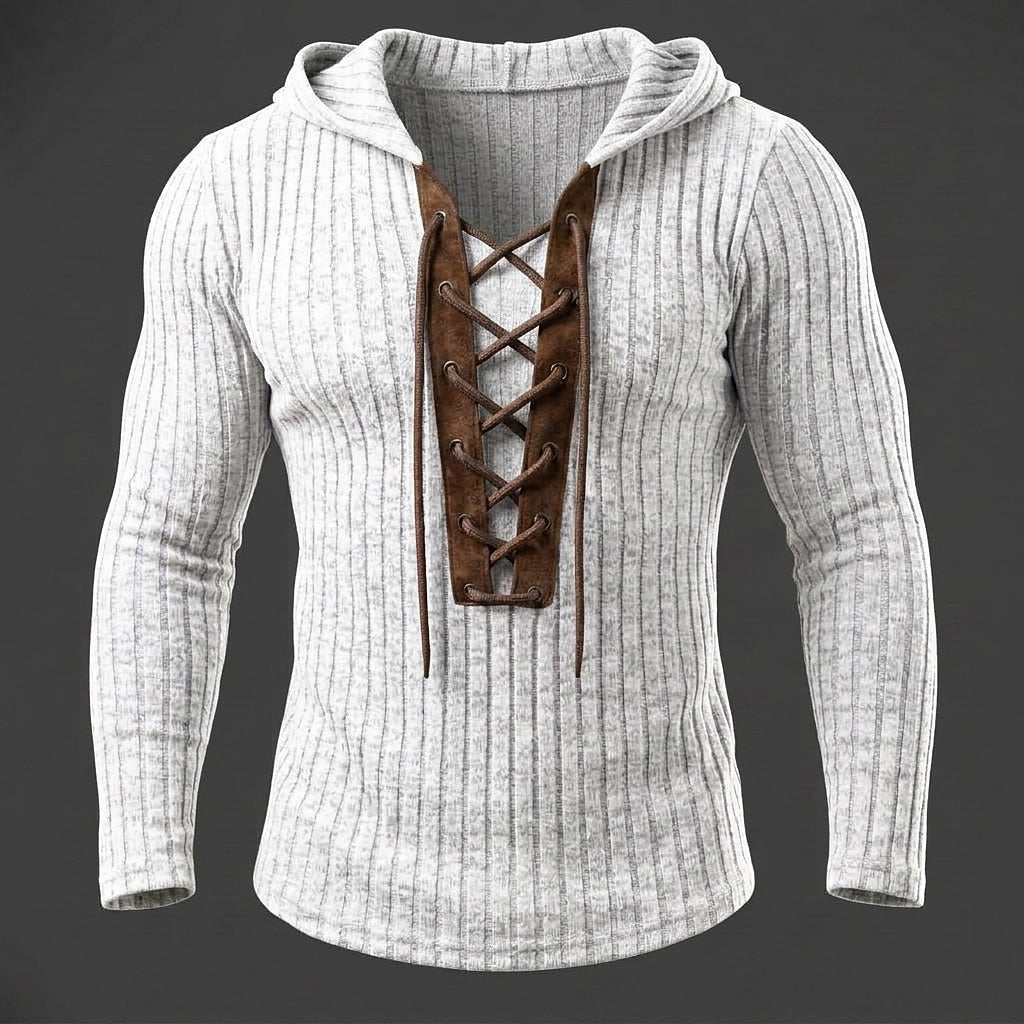 Contrast Placket Ribbed Lace-Up Hoodie