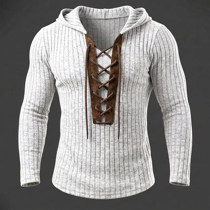 Contrast Placket Ribbed Lace-Up Hoodie