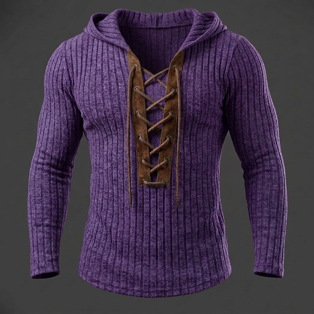 Contrast Placket Ribbed Lace-Up Hoodie