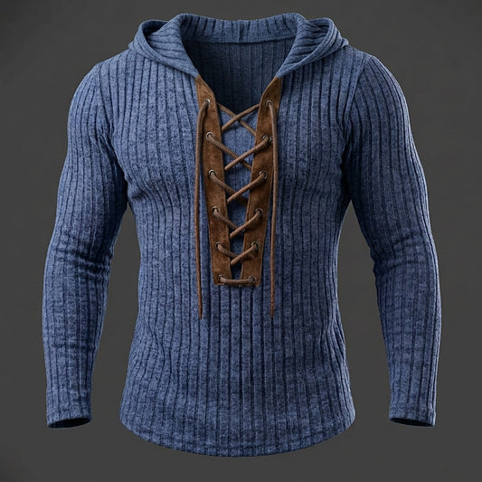 Contrast Placket Ribbed Lace-Up Hoodie