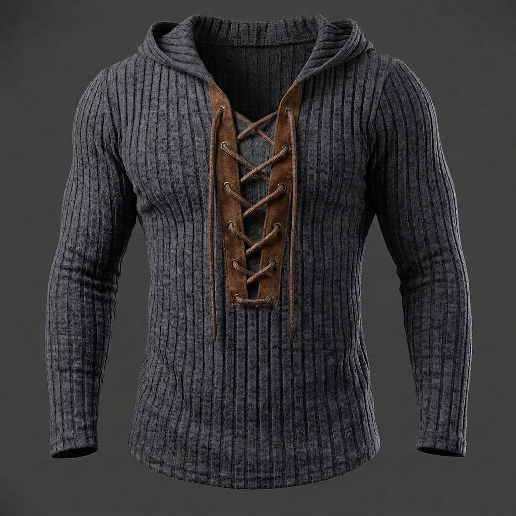 Contrast Placket Ribbed Lace-Up Hoodie