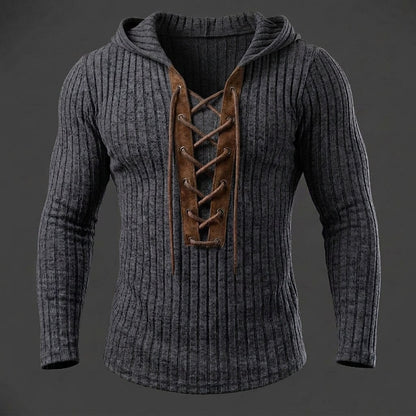 Contrast Placket Ribbed Lace-Up Hoodie