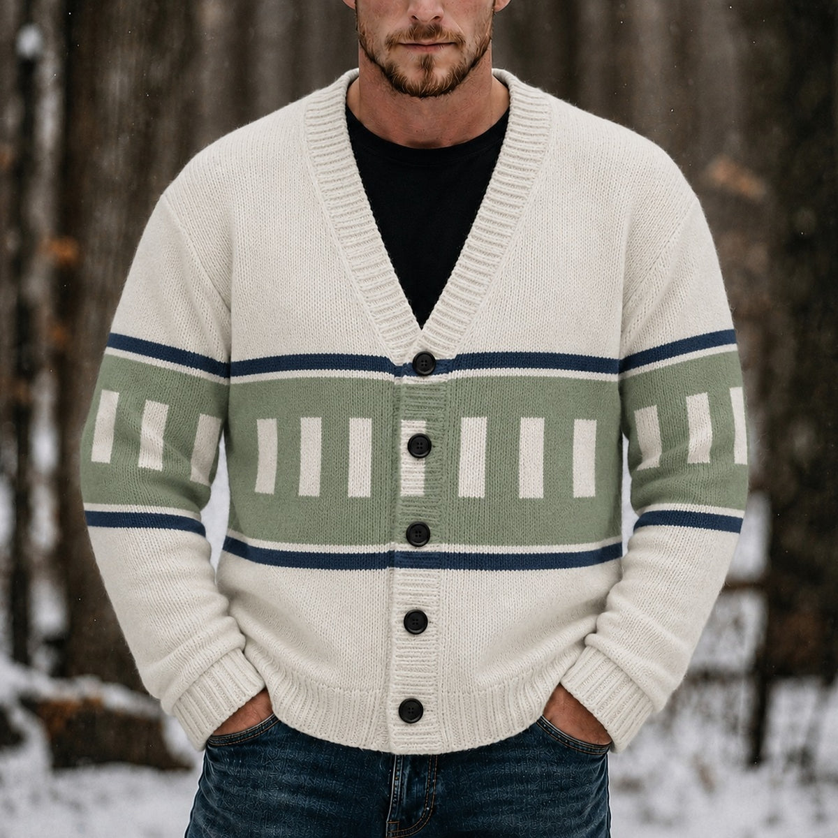 Ladder Band V-Neck Cardigan