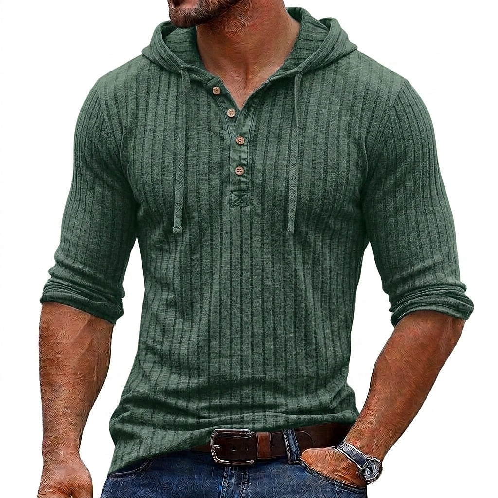 Vertical Rib Button-Neck Hoodie