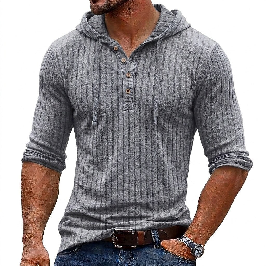 Vertical Rib Button-Neck Hoodie