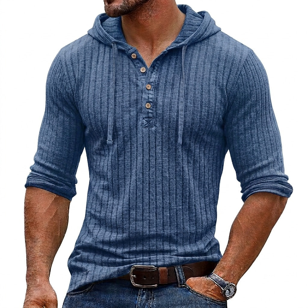Vertical Rib Button-Neck Hoodie