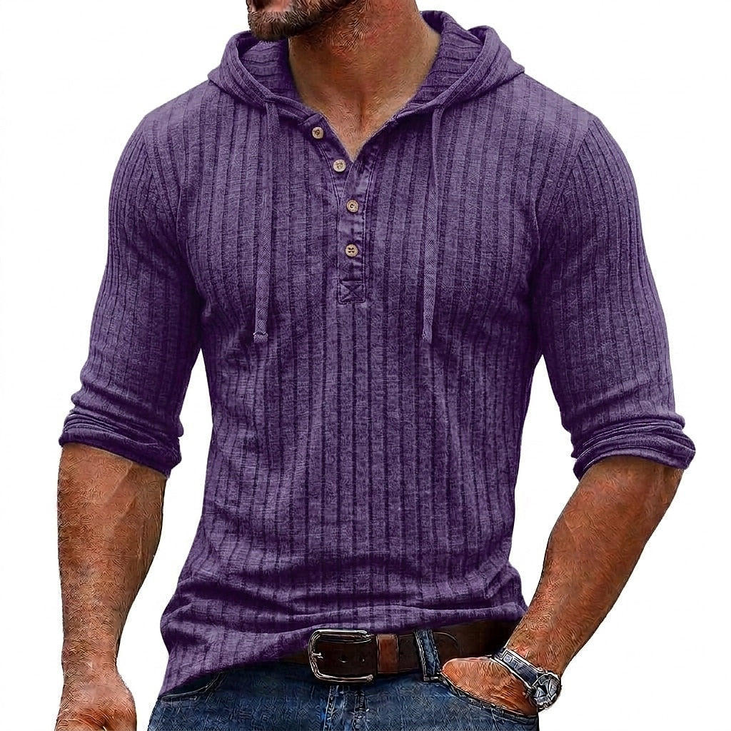 Vertical Rib Button-Neck Hoodie