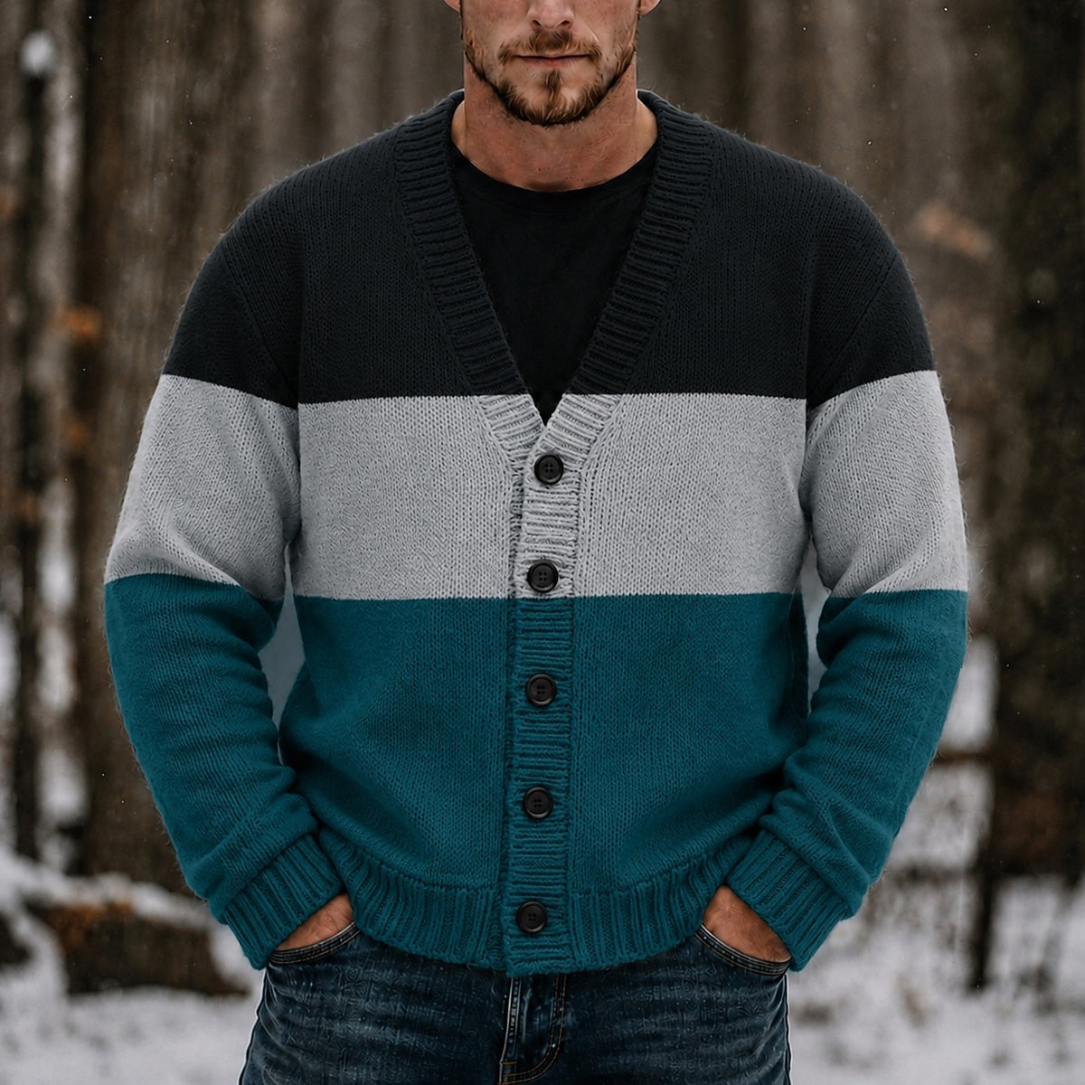 Triple Band V-Neck Cardigan