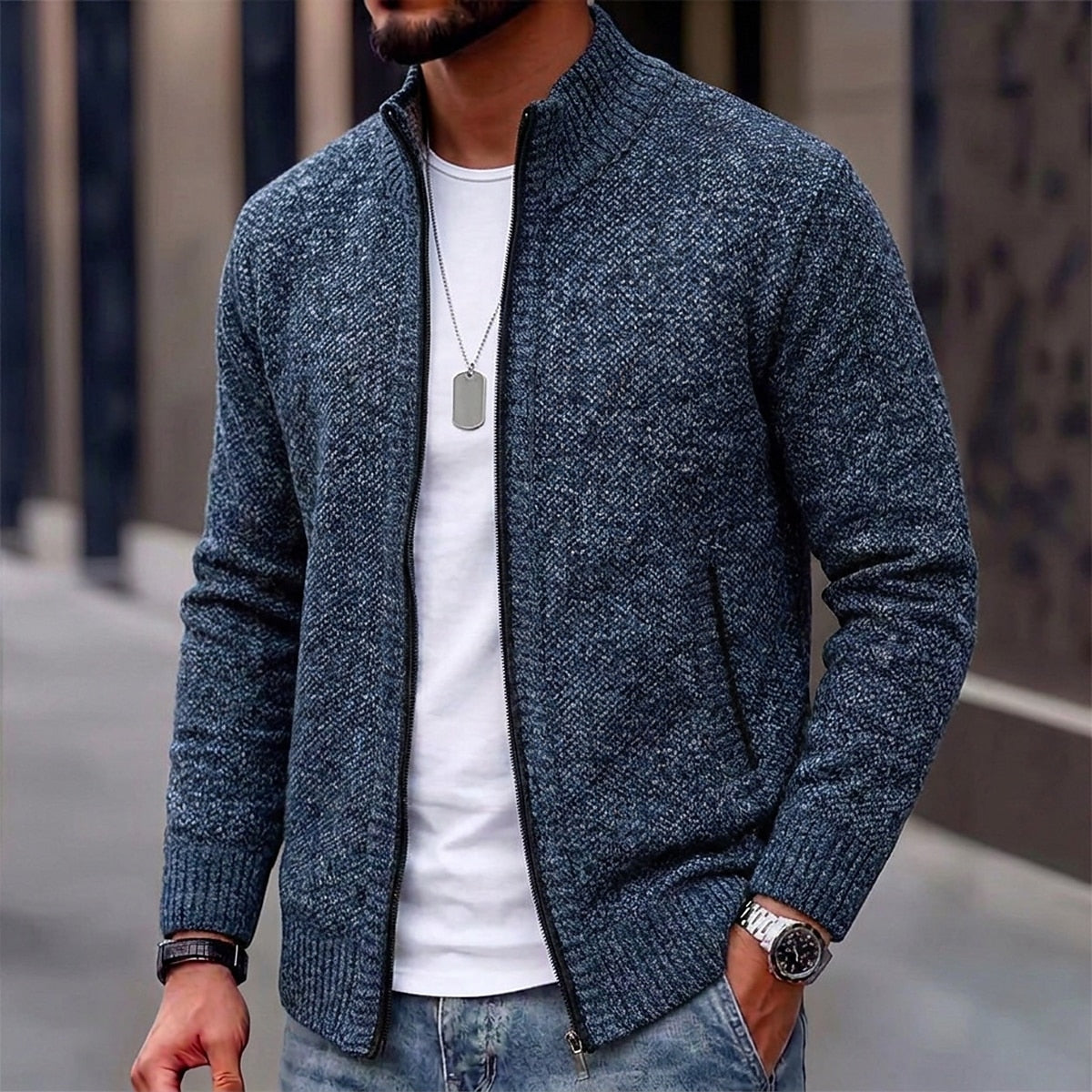 Slanted Pocket Stand-Collar Cardigan