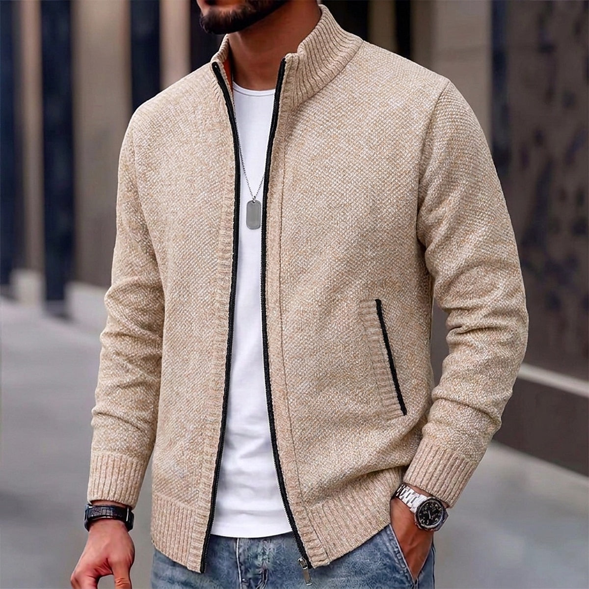 Slanted Pocket Stand-Collar Cardigan