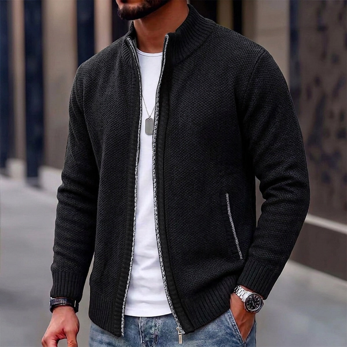 Slanted Pocket Stand-Collar Cardigan