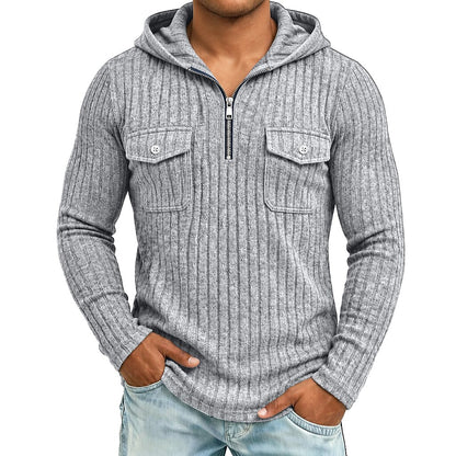 Ribbed Quarter-Zip Chest Pocket Hoodie
