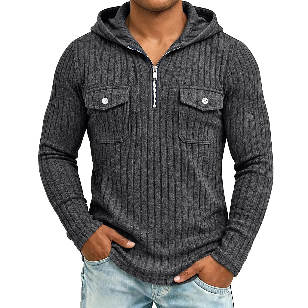 Ribbed Quarter-Zip Chest Pocket Hoodie