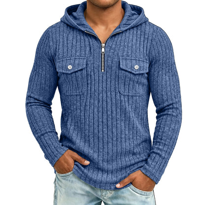 Ribbed Quarter-Zip Chest Pocket Hoodie