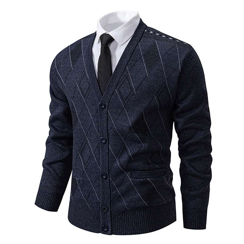 Outlined Argyle V-Neck Cardigan