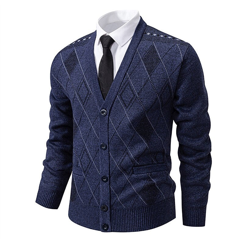 Outlined Argyle V-Neck Cardigan