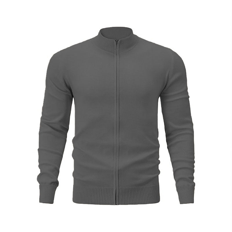 Fine Rib Stand-Collar Zip Cardigan