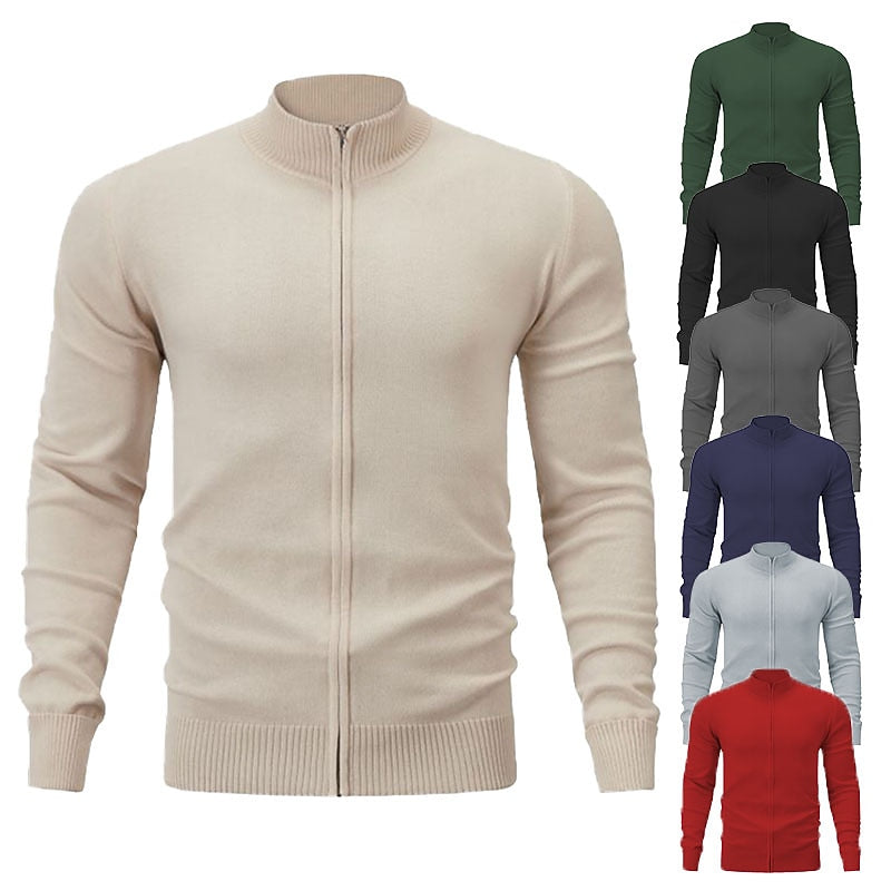 Fine Rib Stand-Collar Zip Cardigan