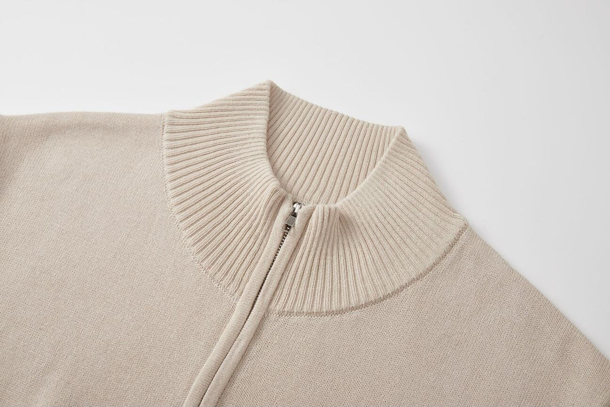 Fine Rib Stand-Collar Zip Cardigan