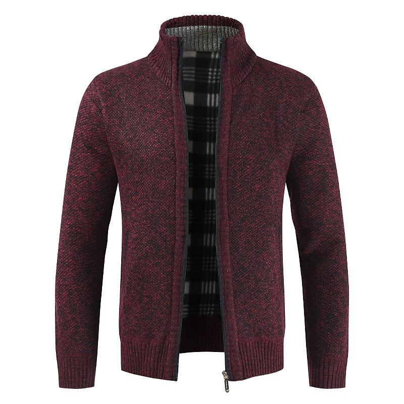 Plaid-Lined Stand-Collar Zip Cardigan