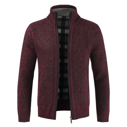 Plaid-Lined Stand-Collar Zip Cardigan