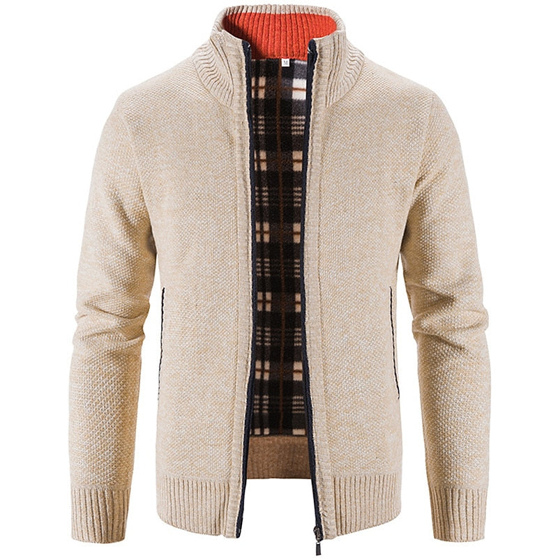 Plaid-Lined Stand-Collar Zip Cardigan
