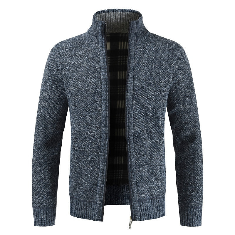 Plaid-Lined Stand-Collar Zip Cardigan